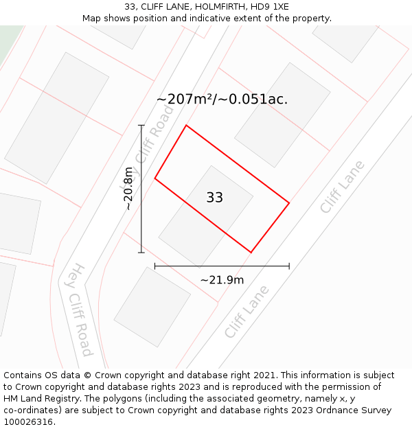 33, CLIFF LANE, HOLMFIRTH, HD9 1XE: Plot and title map