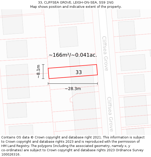 33, CLIFFSEA GROVE, LEIGH-ON-SEA, SS9 1NG: Plot and title map