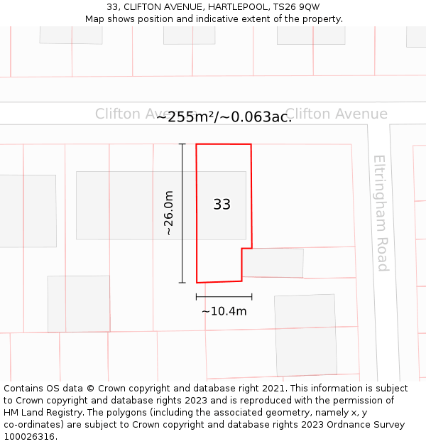 33, CLIFTON AVENUE, HARTLEPOOL, TS26 9QW: Plot and title map