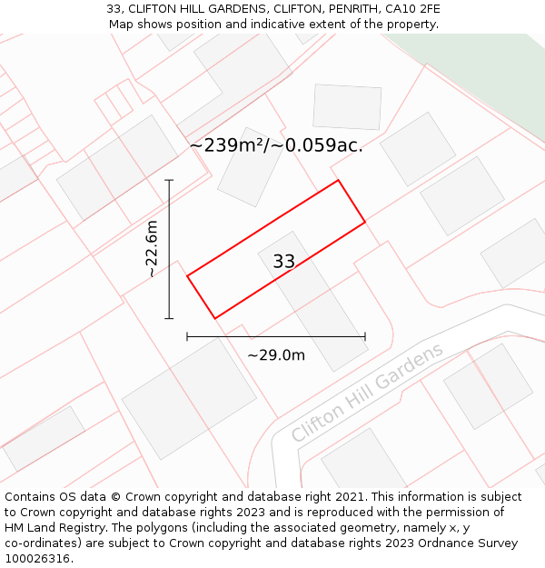 33, CLIFTON HILL GARDENS, CLIFTON, PENRITH, CA10 2FE: Plot and title map