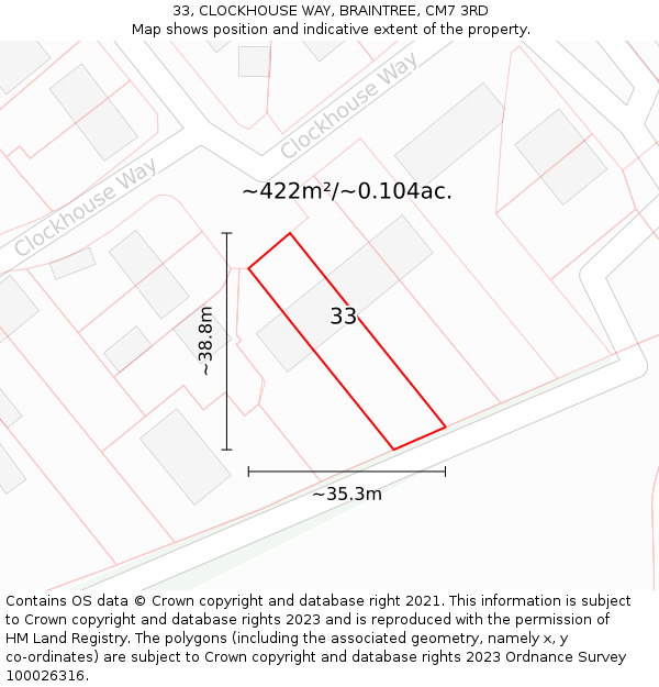 33, CLOCKHOUSE WAY, BRAINTREE, CM7 3RD: Plot and title map