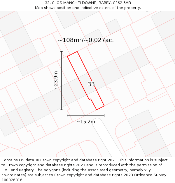33, CLOS MANCHELDOWNE, BARRY, CF62 5AB: Plot and title map