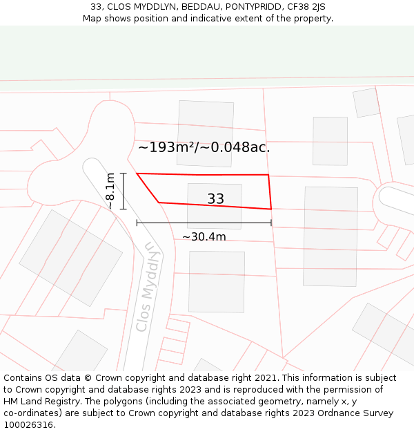 33, CLOS MYDDLYN, BEDDAU, PONTYPRIDD, CF38 2JS: Plot and title map