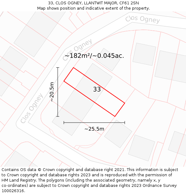 33, CLOS OGNEY, LLANTWIT MAJOR, CF61 2SN: Plot and title map