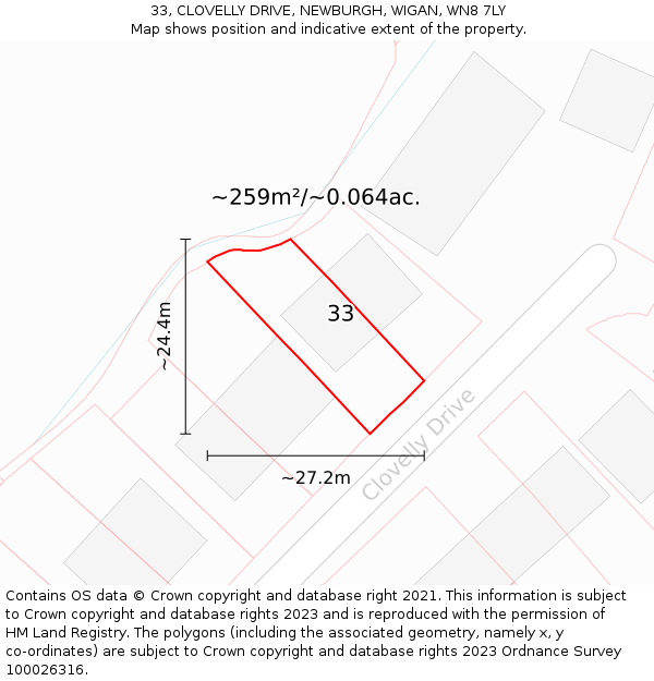 33, CLOVELLY DRIVE, NEWBURGH, WIGAN, WN8 7LY: Plot and title map