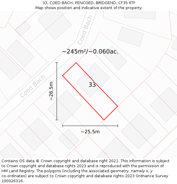 33, COED BACH, PENCOED, BRIDGEND, CF35 6TF: Plot and title map