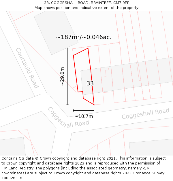 33, COGGESHALL ROAD, BRAINTREE, CM7 9EP: Plot and title map