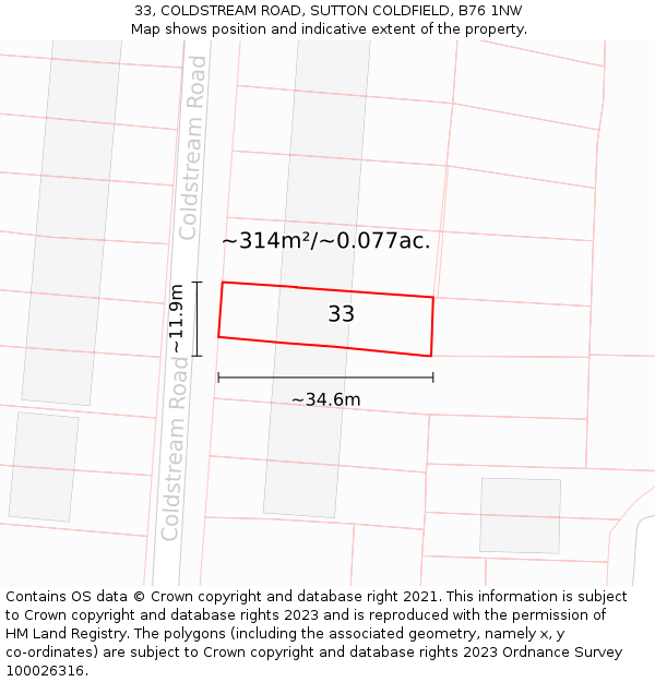 33, COLDSTREAM ROAD, SUTTON COLDFIELD, B76 1NW: Plot and title map