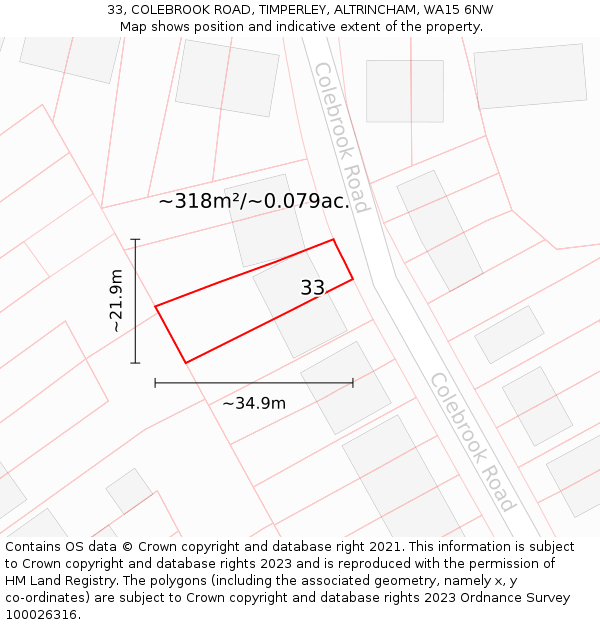 33, COLEBROOK ROAD, TIMPERLEY, ALTRINCHAM, WA15 6NW: Plot and title map