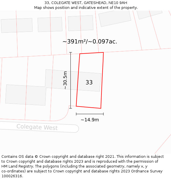 33, COLEGATE WEST, GATESHEAD, NE10 9AH: Plot and title map