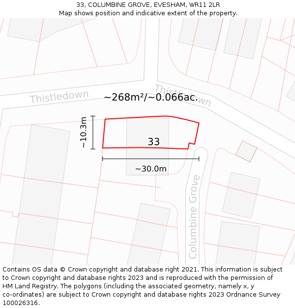 33, COLUMBINE GROVE, EVESHAM, WR11 2LR: Plot and title map