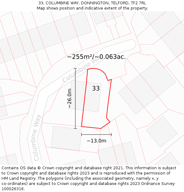 33, COLUMBINE WAY, DONNINGTON, TELFORD, TF2 7RL: Plot and title map
