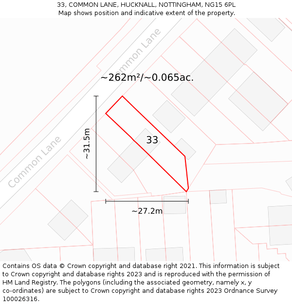 33, COMMON LANE, HUCKNALL, NOTTINGHAM, NG15 6PL: Plot and title map