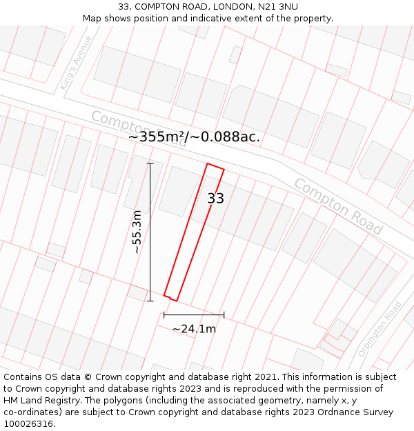 33, COMPTON ROAD, LONDON, N21 3NU: Plot and title map