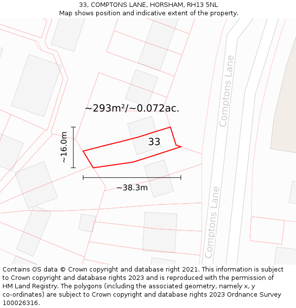 33, COMPTONS LANE, HORSHAM, RH13 5NL: Plot and title map