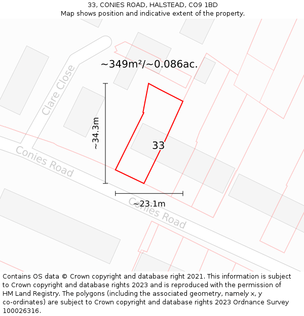 33, CONIES ROAD, HALSTEAD, CO9 1BD: Plot and title map