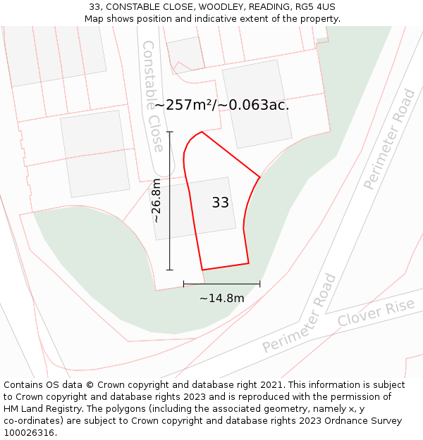 33, CONSTABLE CLOSE, WOODLEY, READING, RG5 4US: Plot and title map