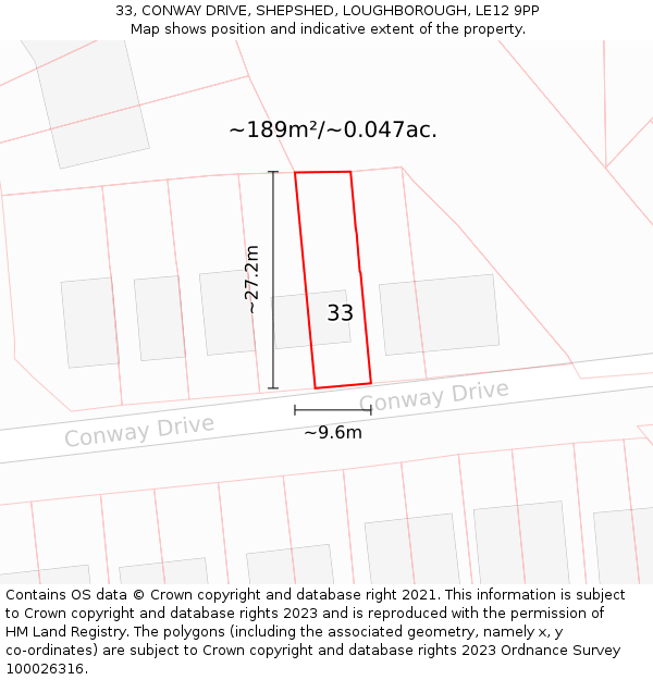 33, CONWAY DRIVE, SHEPSHED, LOUGHBOROUGH, LE12 9PP: Plot and title map