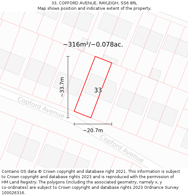 33, COPFORD AVENUE, RAYLEIGH, SS6 8RL: Plot and title map