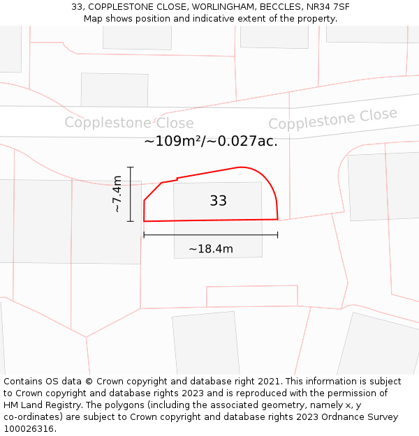33, COPPLESTONE CLOSE, WORLINGHAM, BECCLES, NR34 7SF: Plot and title map