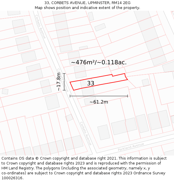 33, CORBETS AVENUE, UPMINSTER, RM14 2EG: Plot and title map