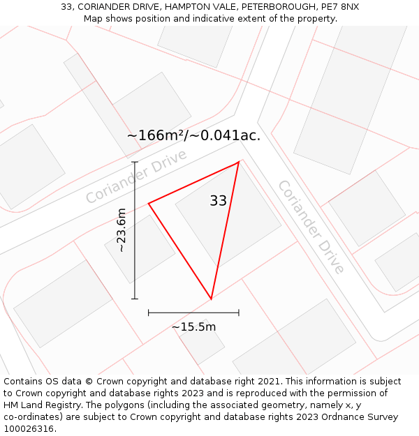 33, CORIANDER DRIVE, HAMPTON VALE, PETERBOROUGH, PE7 8NX: Plot and title map