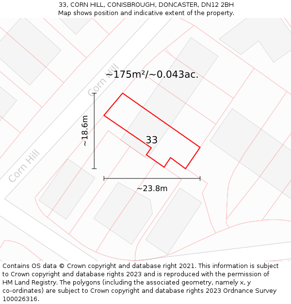33, CORN HILL, CONISBROUGH, DONCASTER, DN12 2BH: Plot and title map