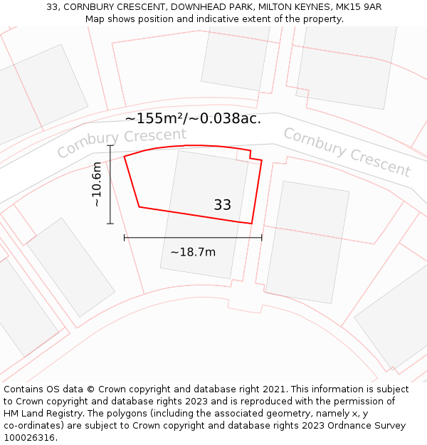 33, CORNBURY CRESCENT, DOWNHEAD PARK, MILTON KEYNES, MK15 9AR: Plot and title map