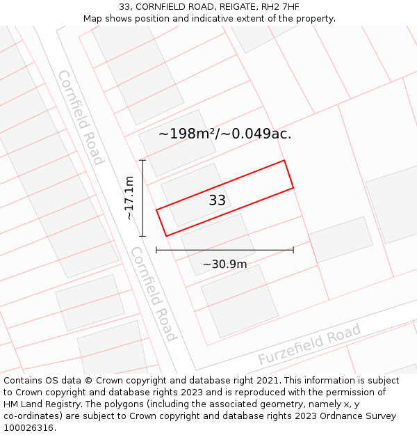 33, CORNFIELD ROAD, REIGATE, RH2 7HF: Plot and title map
