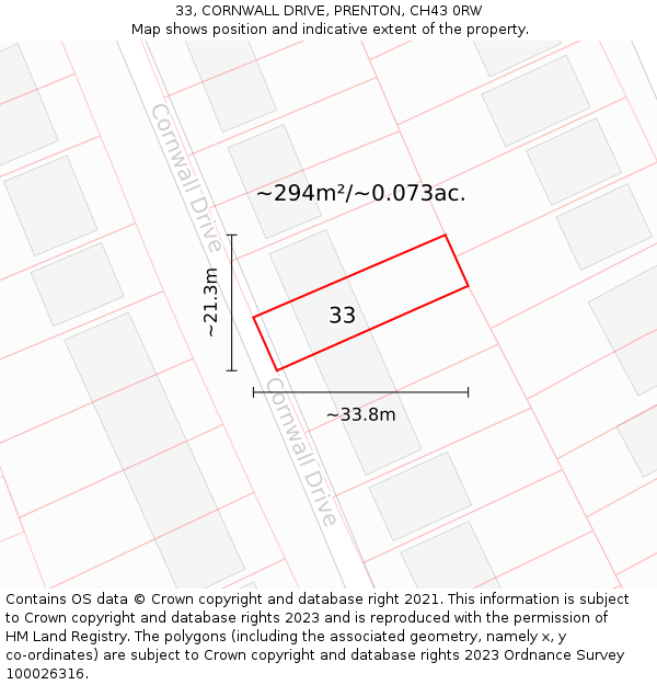 33, CORNWALL DRIVE, PRENTON, CH43 0RW: Plot and title map