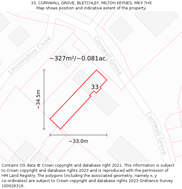 33, CORNWALL GROVE, BLETCHLEY, MILTON KEYNES, MK3 7HX: Plot and title map