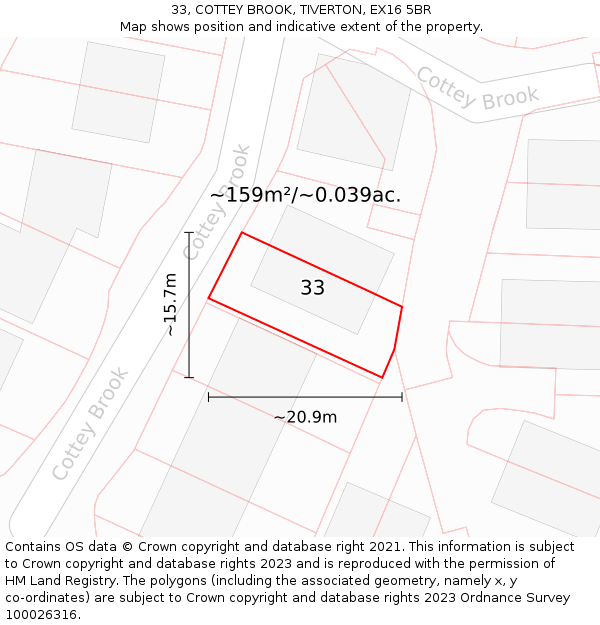 33, COTTEY BROOK, TIVERTON, EX16 5BR: Plot and title map