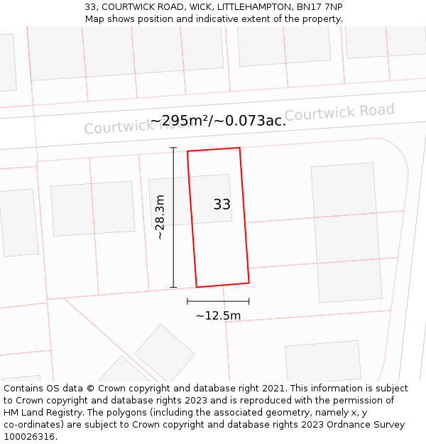 33, COURTWICK ROAD, WICK, LITTLEHAMPTON, BN17 7NP: Plot and title map