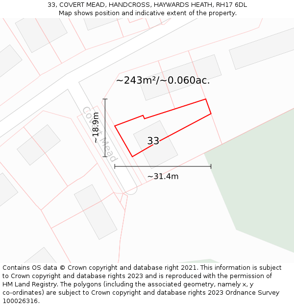 33, COVERT MEAD, HANDCROSS, HAYWARDS HEATH, RH17 6DL: Plot and title map