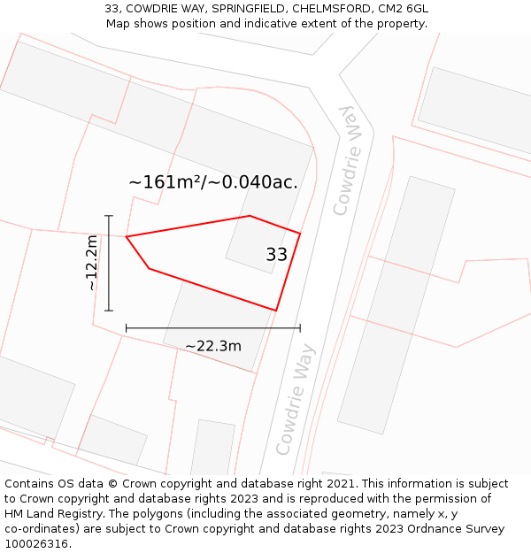 33, COWDRIE WAY, SPRINGFIELD, CHELMSFORD, CM2 6GL: Plot and title map