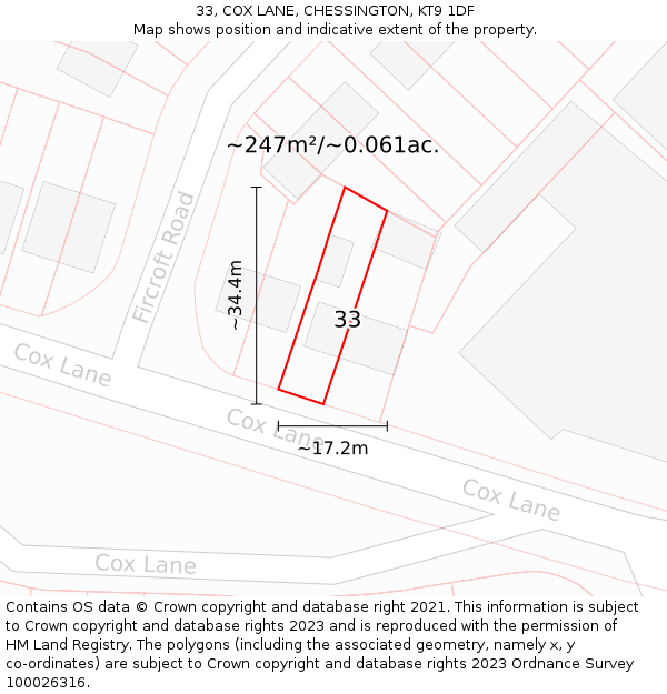 33, COX LANE, CHESSINGTON, KT9 1DF: Plot and title map