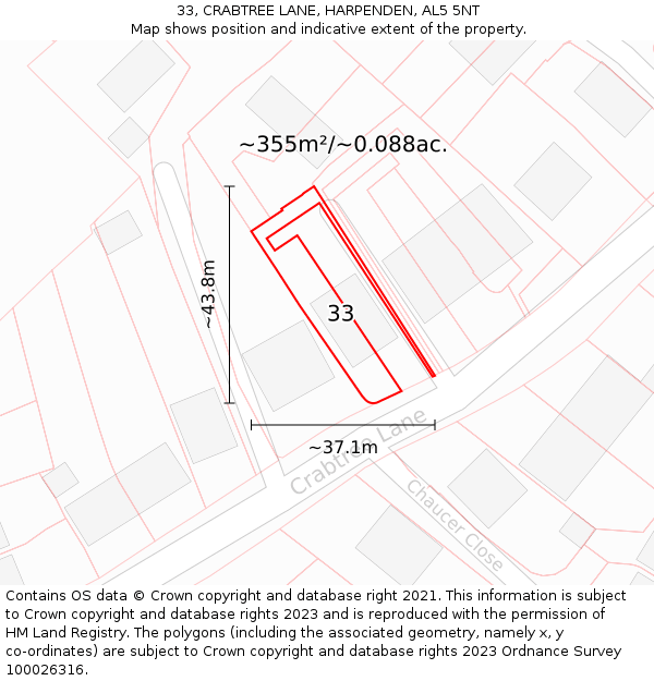 33, CRABTREE LANE, HARPENDEN, AL5 5NT: Plot and title map