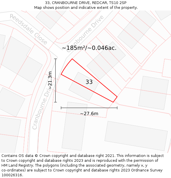 33, CRANBOURNE DRIVE, REDCAR, TS10 2SP: Plot and title map