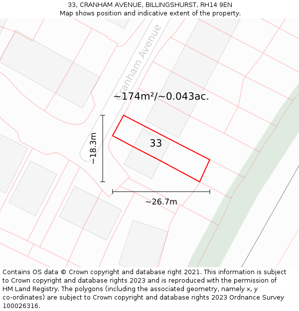 33, CRANHAM AVENUE, BILLINGSHURST, RH14 9EN: Plot and title map