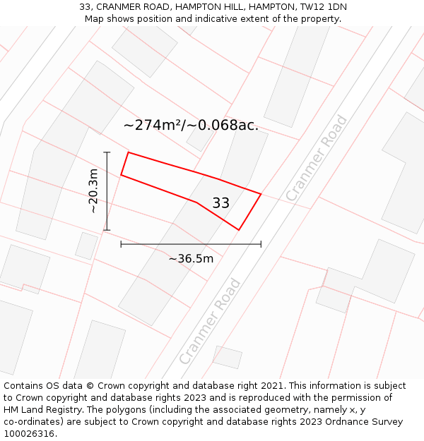33, CRANMER ROAD, HAMPTON HILL, HAMPTON, TW12 1DN: Plot and title map