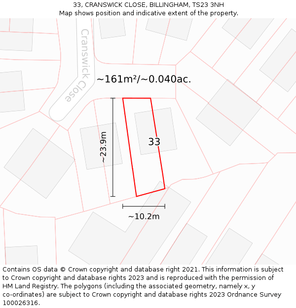 33, CRANSWICK CLOSE, BILLINGHAM, TS23 3NH: Plot and title map