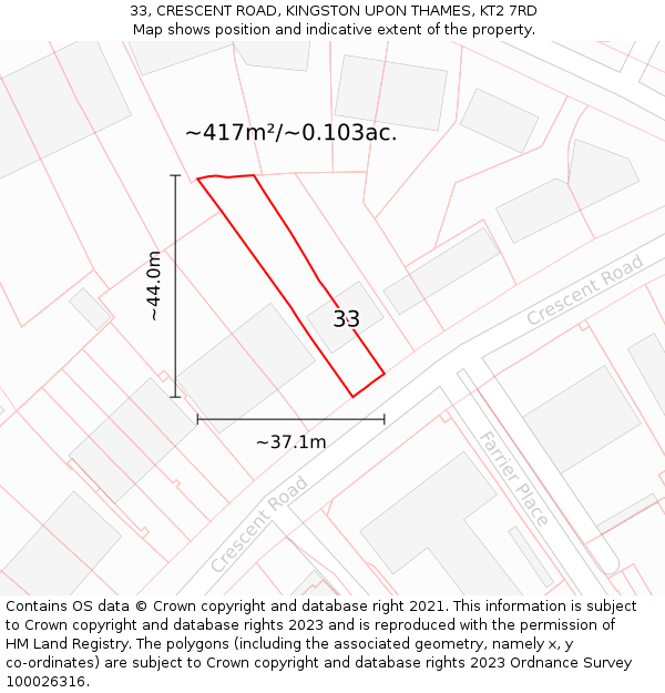 33, CRESCENT ROAD, KINGSTON UPON THAMES, KT2 7RD: Plot and title map