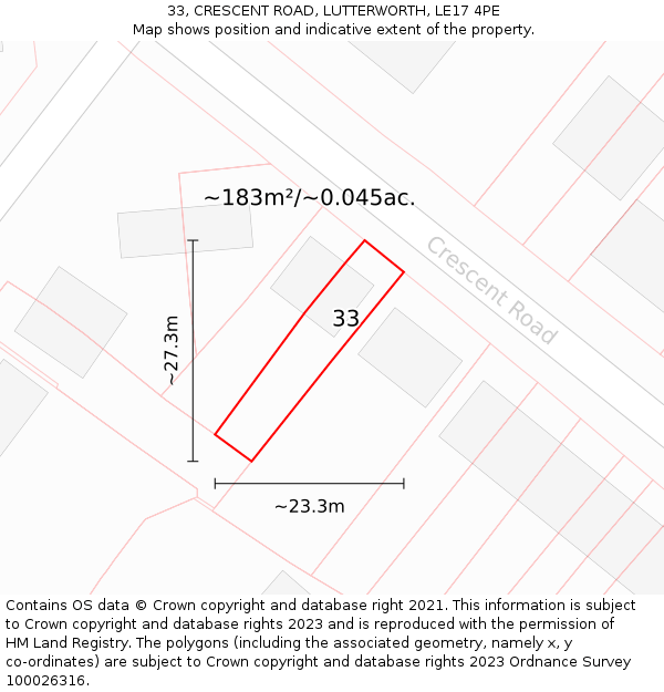 33, CRESCENT ROAD, LUTTERWORTH, LE17 4PE: Plot and title map