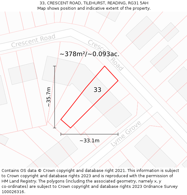 33, CRESCENT ROAD, TILEHURST, READING, RG31 5AH: Plot and title map