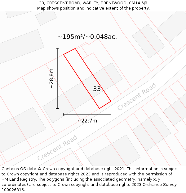 33, CRESCENT ROAD, WARLEY, BRENTWOOD, CM14 5JR: Plot and title map