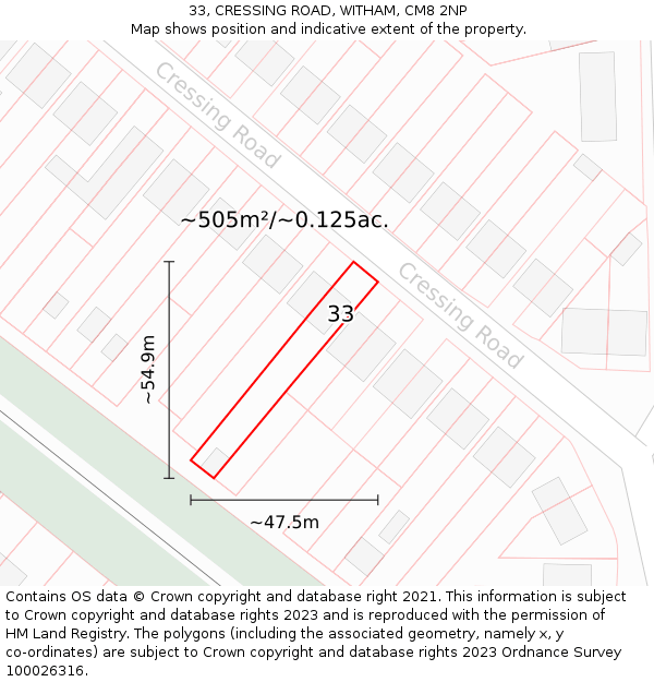 33, CRESSING ROAD, WITHAM, CM8 2NP: Plot and title map