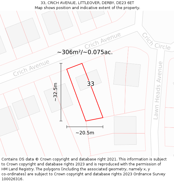 33, CRICH AVENUE, LITTLEOVER, DERBY, DE23 6ET: Plot and title map