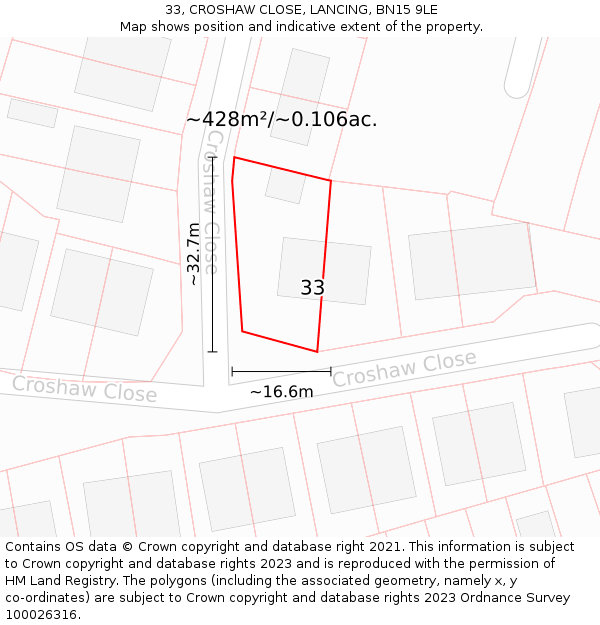 33, CROSHAW CLOSE, LANCING, BN15 9LE: Plot and title map