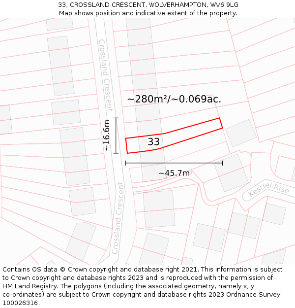 33, CROSSLAND CRESCENT, WOLVERHAMPTON, WV6 9LG: Plot and title map