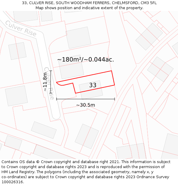 33, CULVER RISE, SOUTH WOODHAM FERRERS, CHELMSFORD, CM3 5FL: Plot and title map